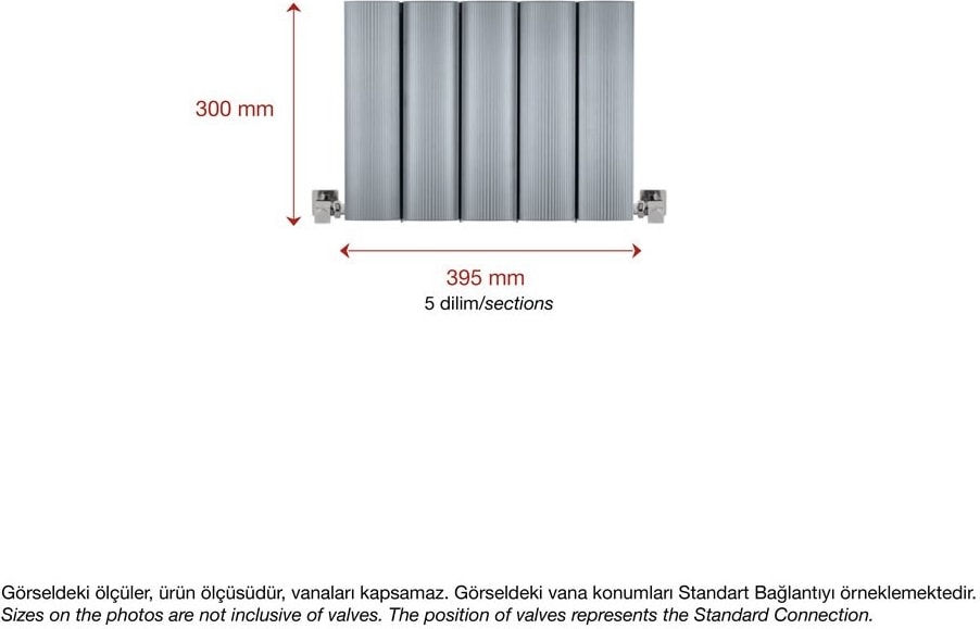300 x 395 mm Amber Yatay Gümüş Gri Alüminyum Radyatör Standart Bağlantı