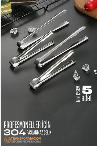 Hsnet Mini 12.5 cm Buz Maşası - Şeker Limon Maşası Kokteyl Servis Maşası 5 Li Paket 304 Paslanmaz Çelik