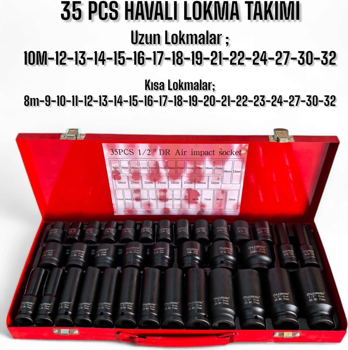 1/2 Havalı Uzun Kısa Siyah Darbeli Lokma Seti 35 Parça