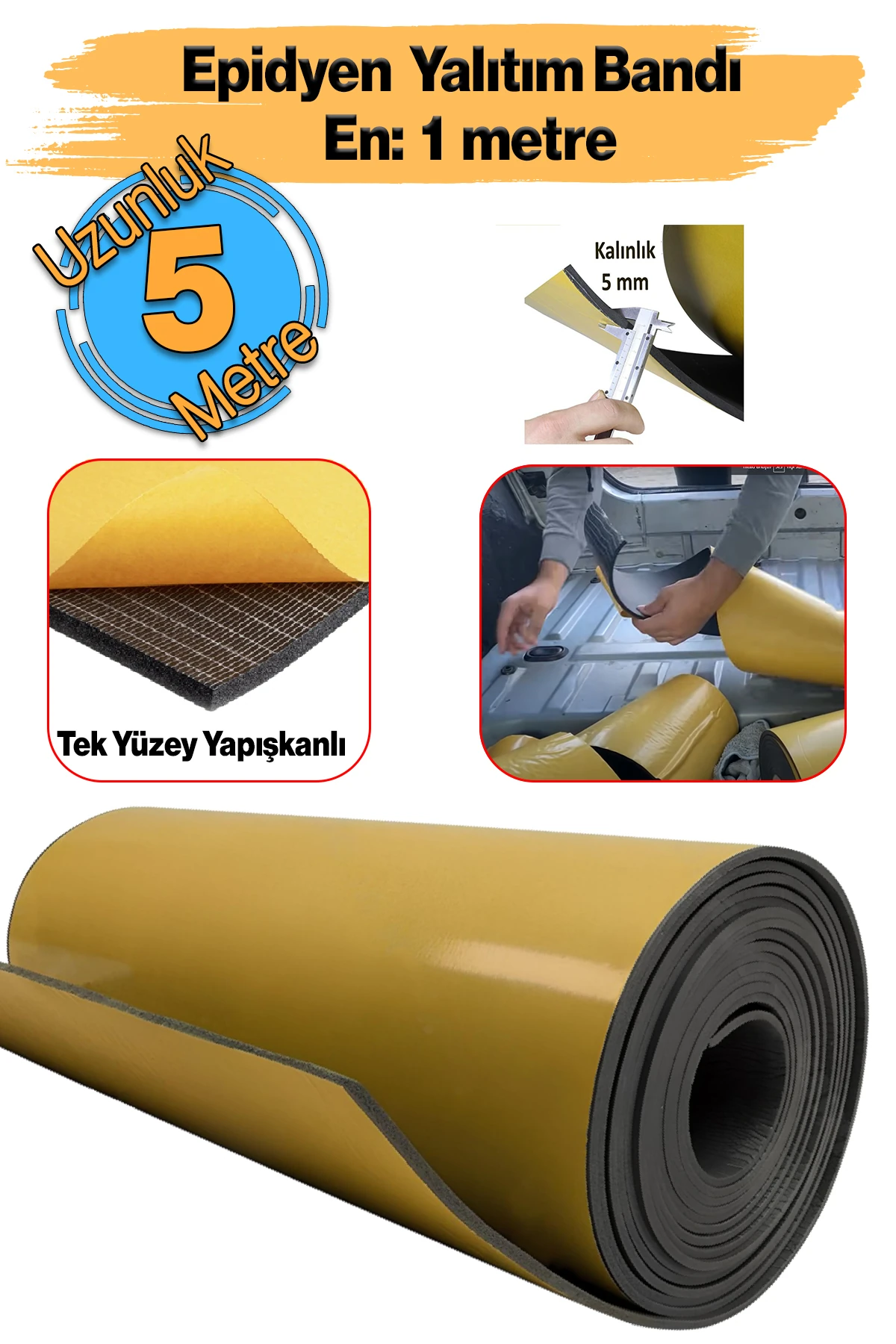 Yapışkanlı (5 MM EN:100 CM X 5 MT) Oto Araç Motor Ses Isı Yalıtım Izolasyon Bandı Kauçuk Sünger