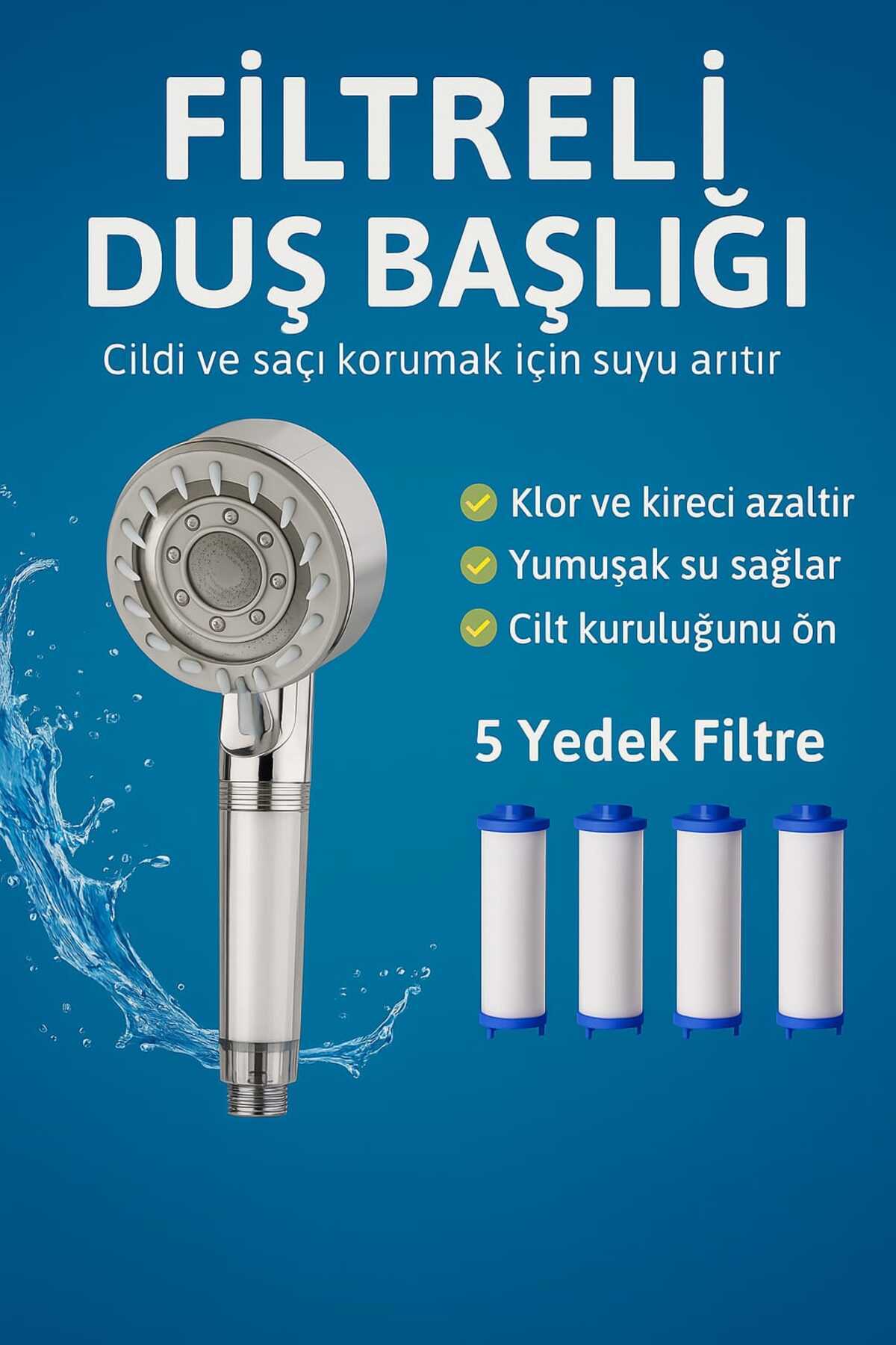 Filtreli Duş Başlığı 5 Yedek Filtre | Su Arıtmalı, Klor Ve Kireç Önleyici, Yüksek Basınçlı