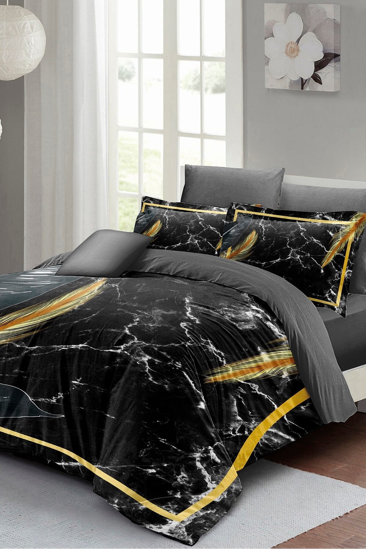 Kıng Sıze Nevresim Takımı Çift Kişilik 3d Pamuk Saten Dark Marble 220x240cm