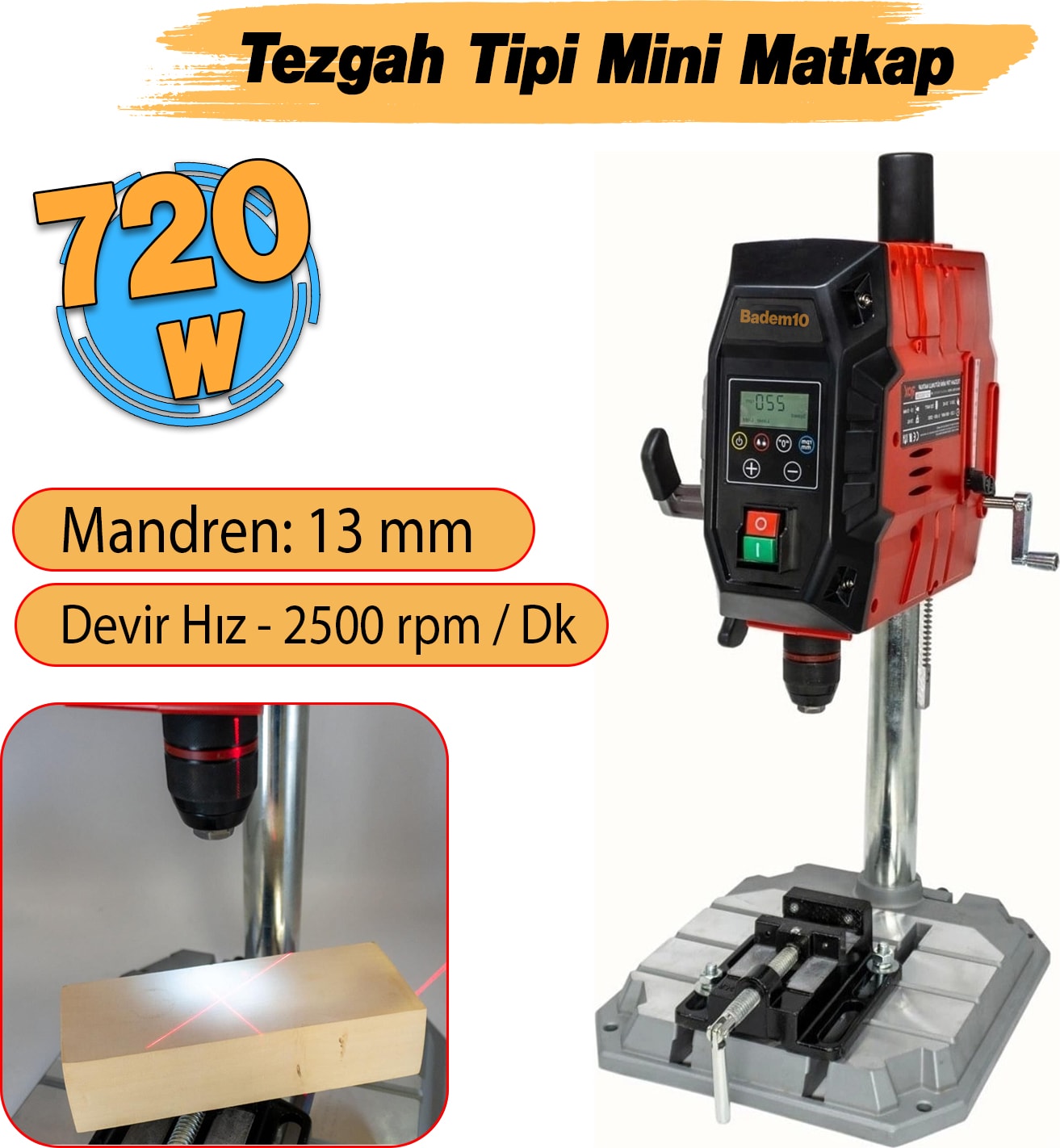 Elektrikli Tezgah Tipi Sütunlu Matkap Mandren 13 mm Dijital Ekran 720 W 2500 Rpm Lazerli Mengeneli