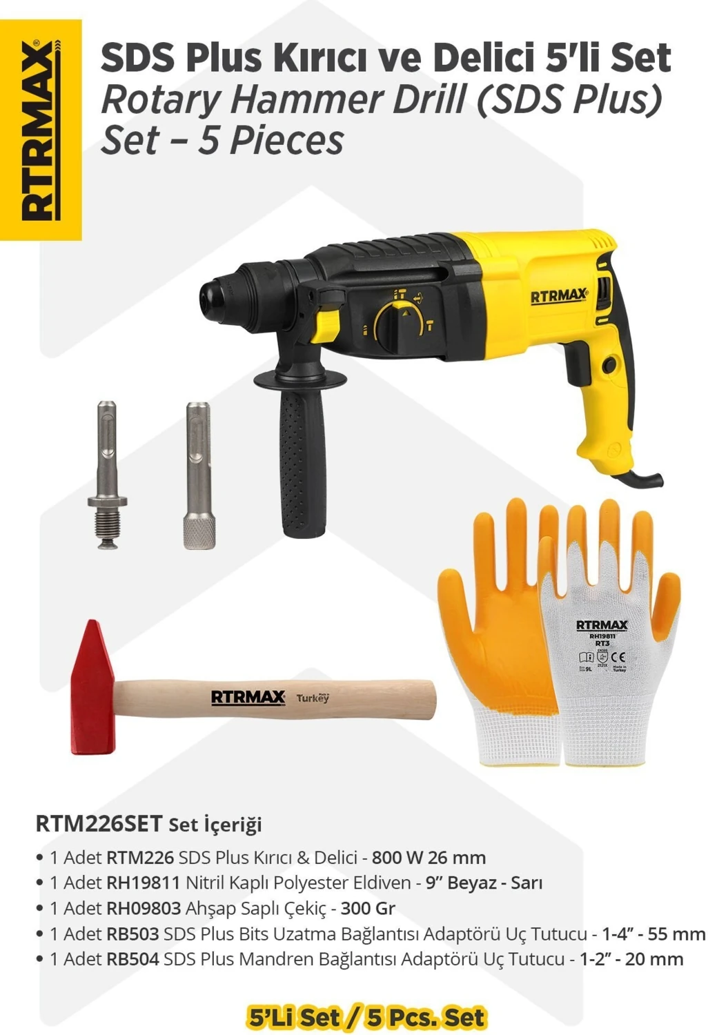 RTM226SET Sds Plus Kırıcı ve Delici 5'li Set - Eldiven-Çekiç-Uç Tutucu
