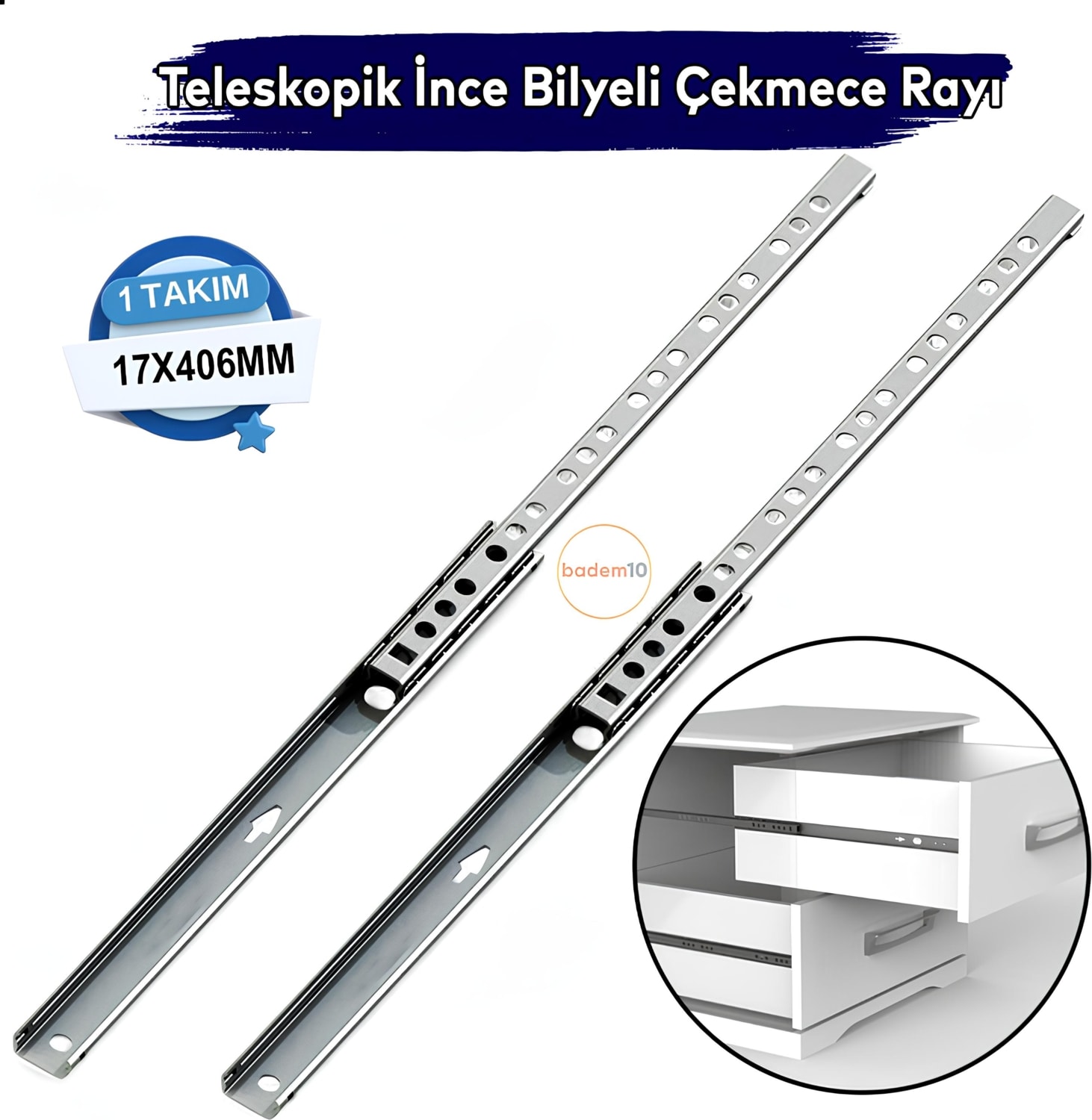Teleskobik Ince Bilyeli Bilyalı Dolap Çekmece Rayı Sürgüsü Metal En 1.7 cm 17 mm Uzunluk 40,6 cm 406
