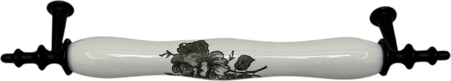 Porselen Kulp Siyah Gül Desenli 128MM(12.8CM) Ayakları Siyah Mobilya Çekmece Kapak Kulbu
