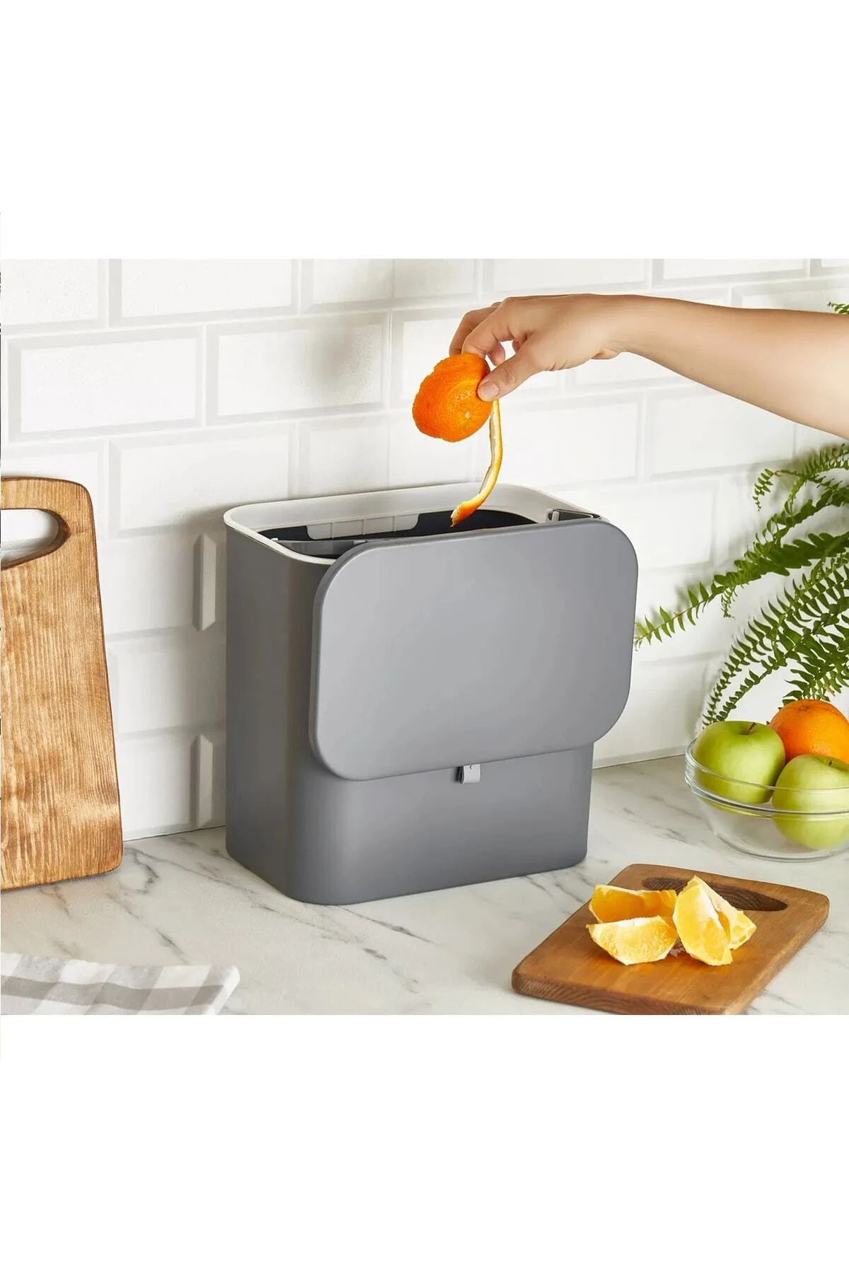 Gri Fonksiyonel Kapaklı Banyo Ve Mutfak Tezgah Üstü Çöp Kovası