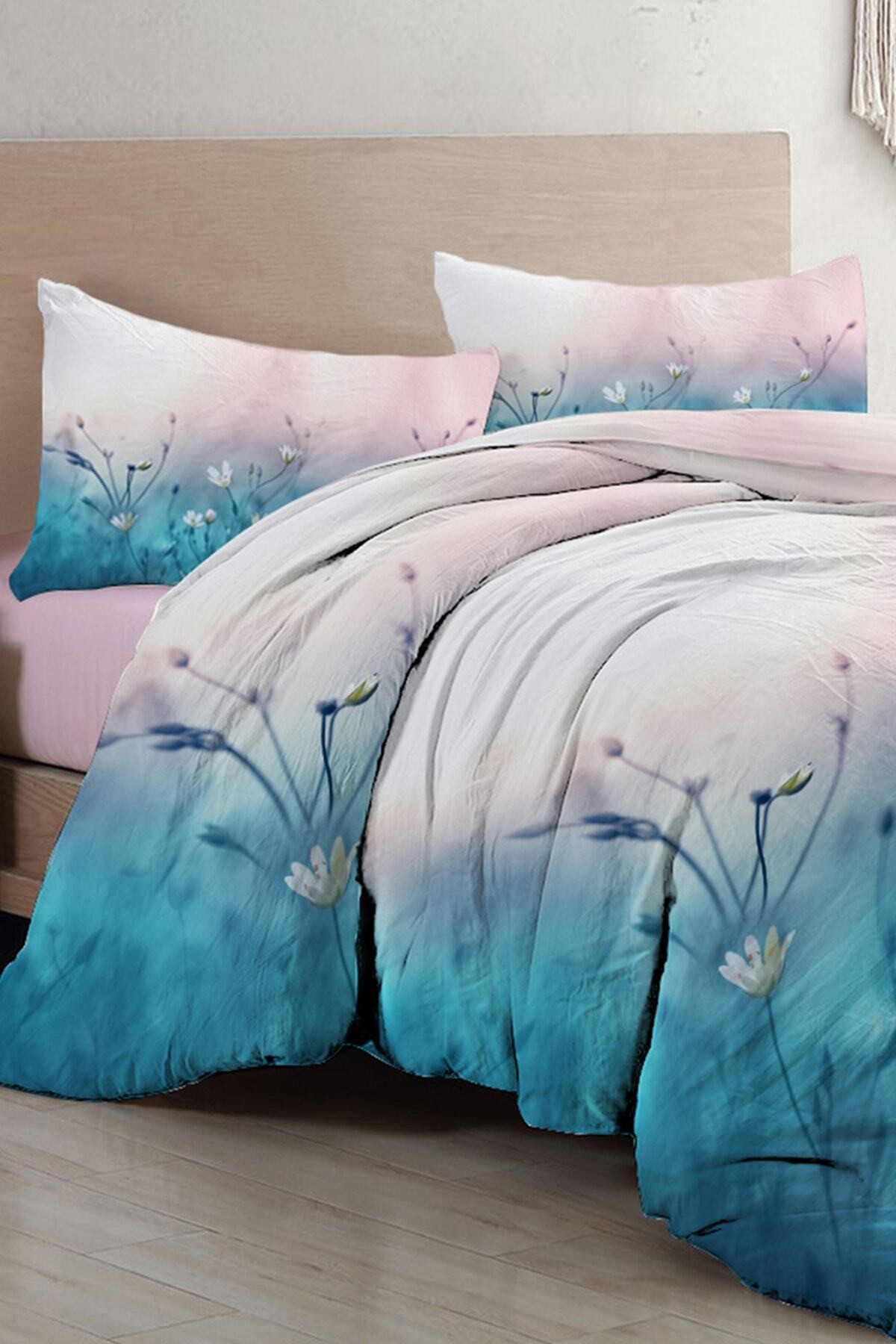 Kıng Sıze Soft Blue Luxury Çift Kişilik Pamuk Saten Nevresim Takımı 220x240cm