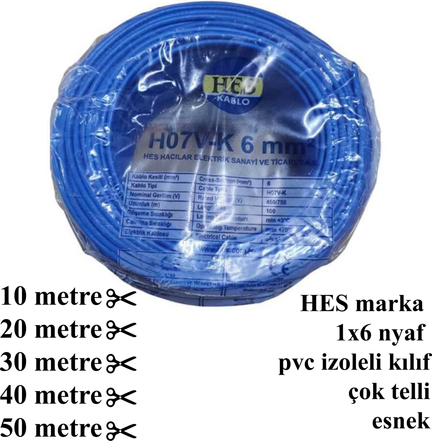 1x6 H07V-K, Nyaf Mavi Renk Pvc Kablo