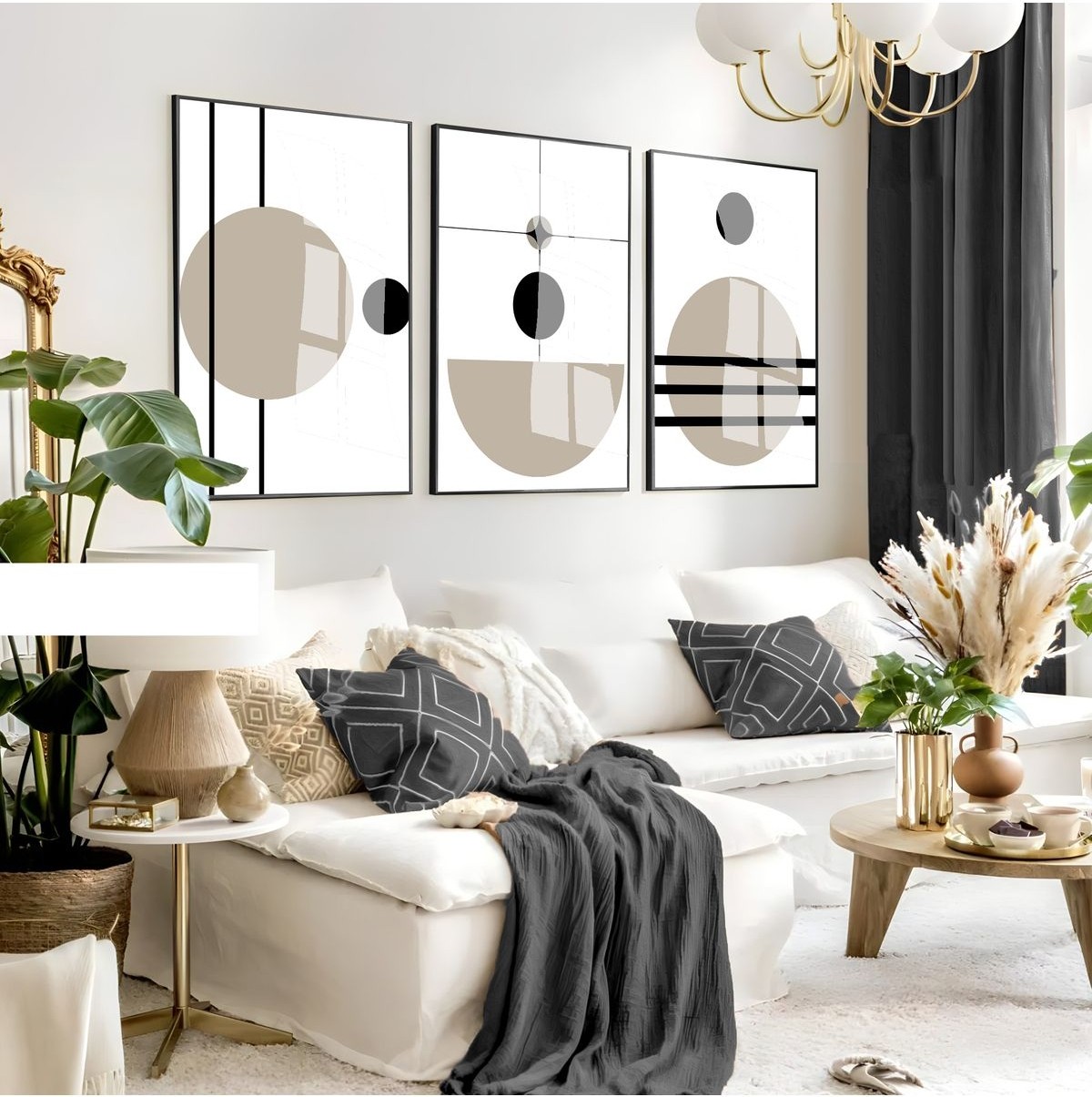|siyah-Gri Geometrik Minimalist Bohem Seti |çerçeveli Cam Tablo 3lü Dikey