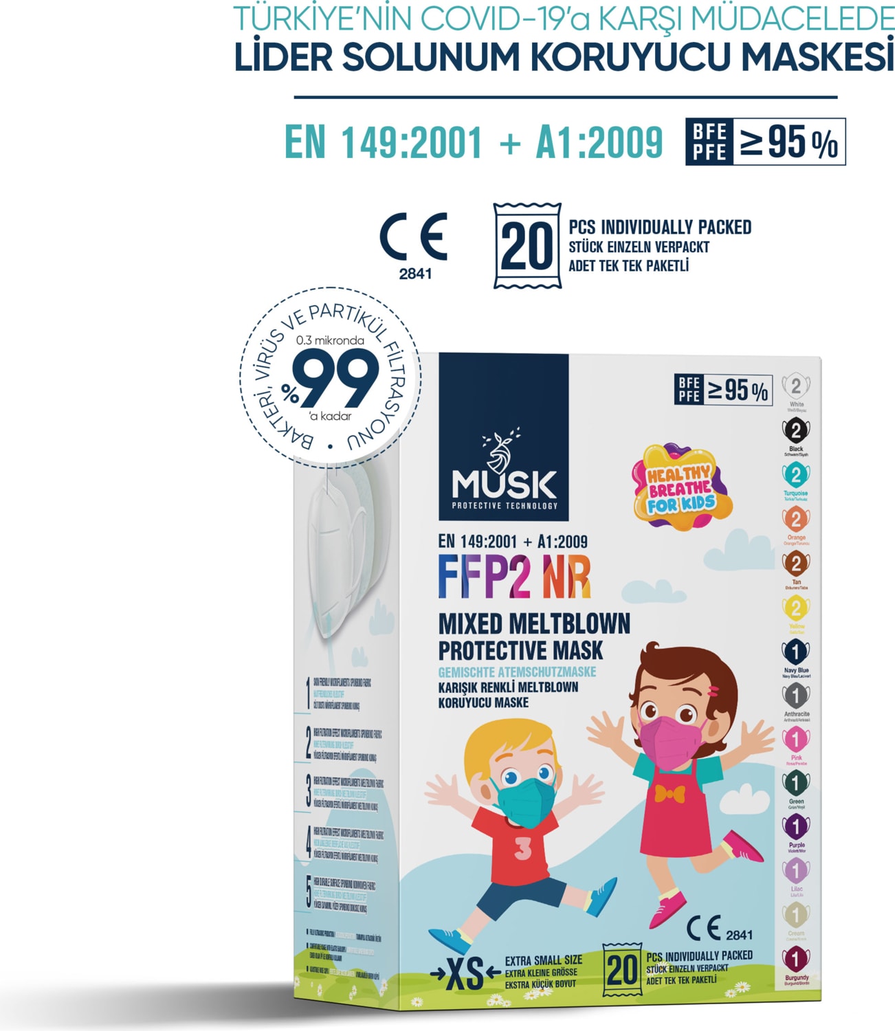 FFP2/N95 Çocuk Maske Mix Colorful Kutusu Xs 20 Adet