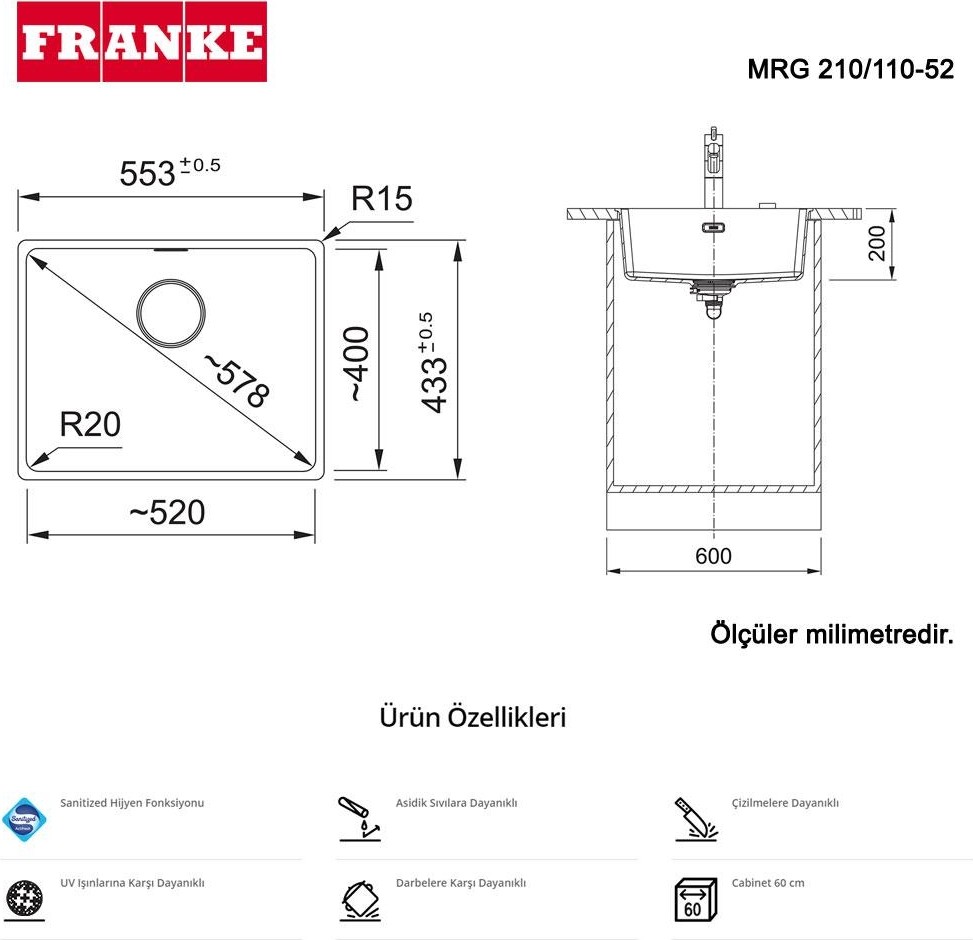 Mrg 210 / 110-52 Granit Evye, Tezgah Altı, Stone Grey Renk