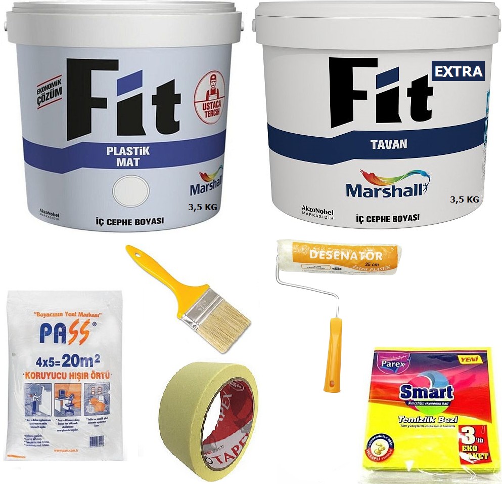 Fit Plastik Iç Cephe Boyası 3.5 kg + Fit Extra Tavan Boyası 3.5 kg + 5 Parça Boyama Seti