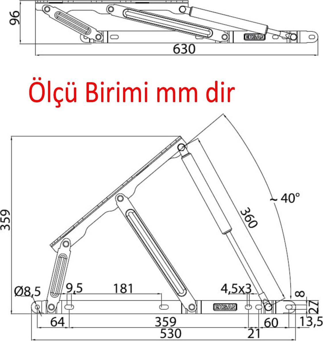 Baza Kapak Makası Gazlı Amartisör Piston 40° Siyah Boyalı Standart Geniş Kollu 1 Çift Yatak Sağ Sol