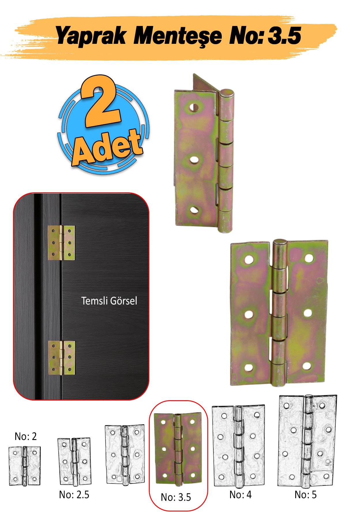 BADEM10 (No:3.5) Metal Yaprak Menteşe 2 Adet Prinç Sarı Mobilya Pencere Kapı Dolap PVC Menteşesi İki Kanatlı