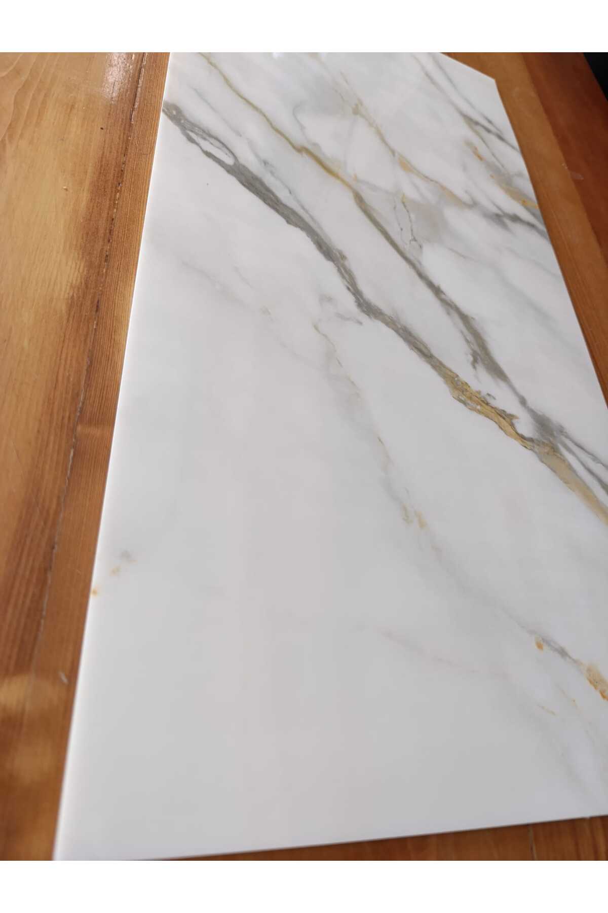 30x60cm Sarı-Gri Mermer Desenli Yapışkanlı Seramik Desen Mutfak Banyo Wc Pvc Duvar Kaplama Paneli