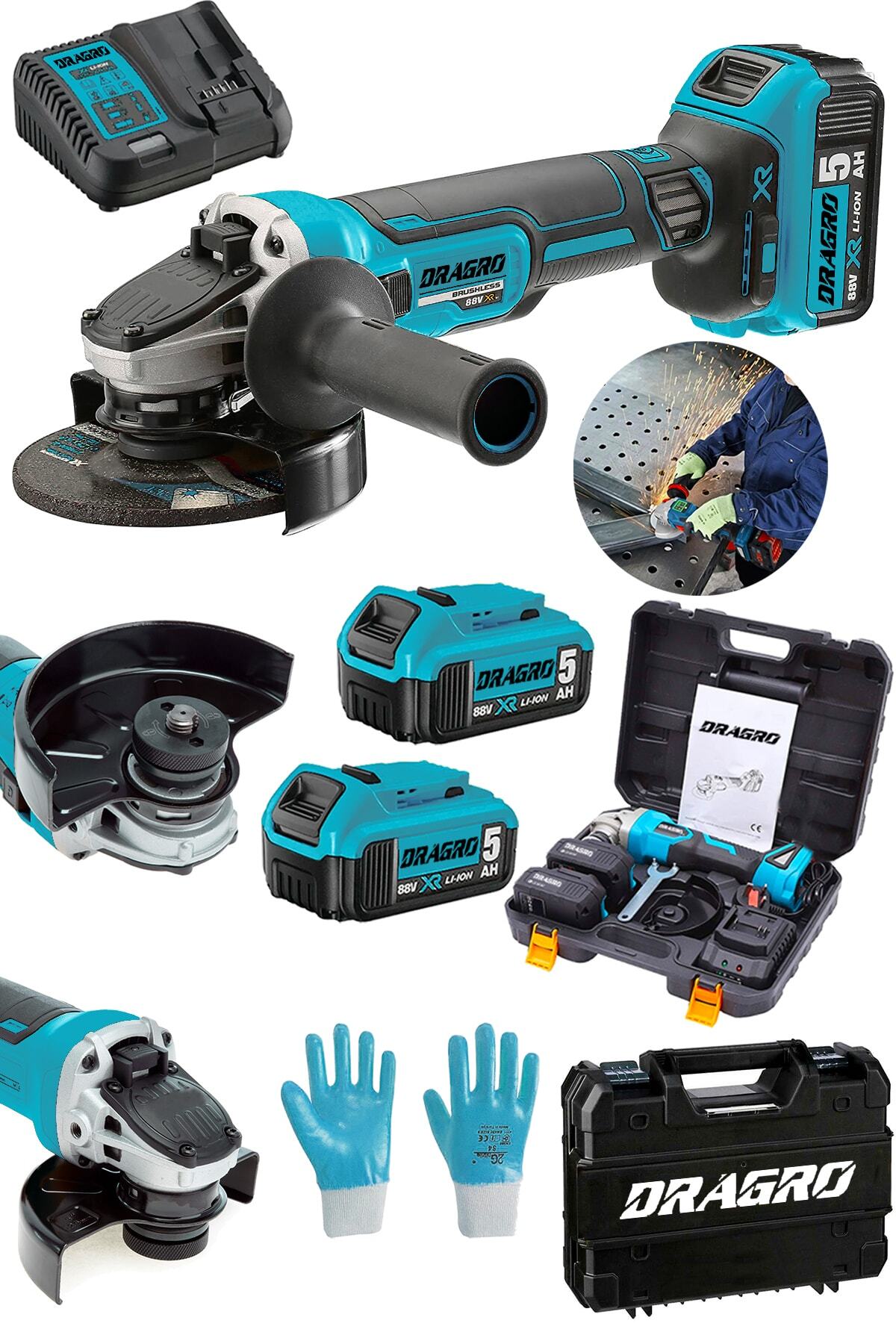 Alman 88 V 5ah Akülü Taşlama Makinesi Sprel Kömürsüz Şarz Göstergeli Devir Ayarlı Çantalı Mavi