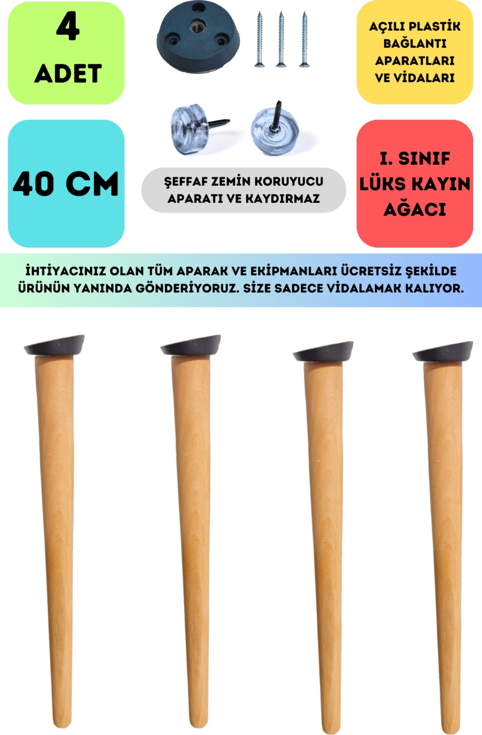4'lü Konik Lüks Ahşap Ayak, Masa Ayağı, Sehpa Ayağı, Açılı Parat ve Vidalar 40 cm
