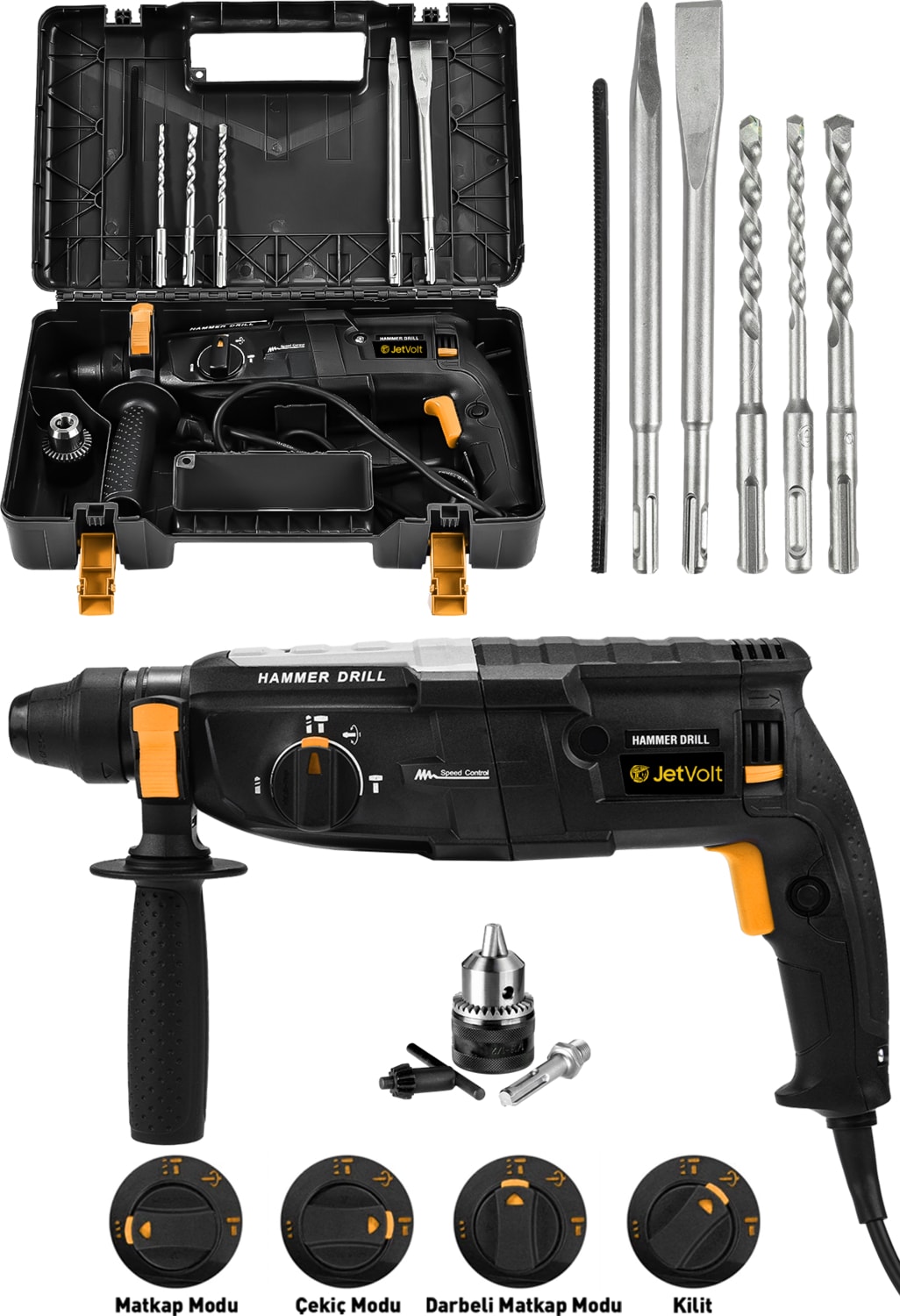 850W Metal Şanzıman Darbeli Matkap Kırıcı Delici Hilti 2-28MM - Siyah