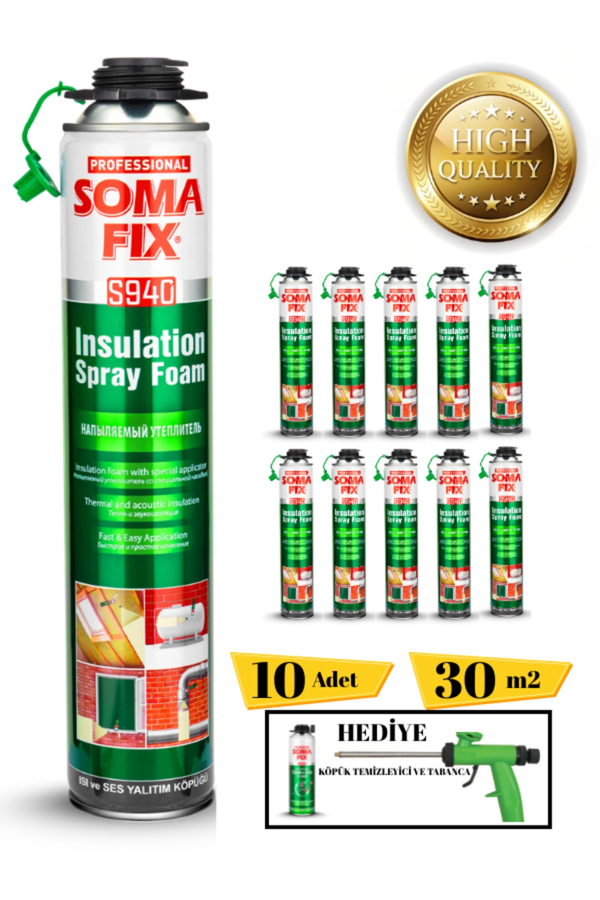 Poliüretan Termal Isı Ve Ses Yalıtım Sprey Köpük (10 ADET) Tabanca Ve Temizleyici Hediyeli