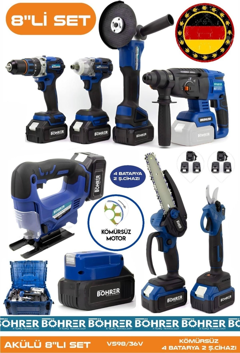 Alman Akülü Kömürsüz V598 5ah Profesyonel 8 Makine Kombo Set ,Blue 4 Batarya 2 Ş. Cihazı