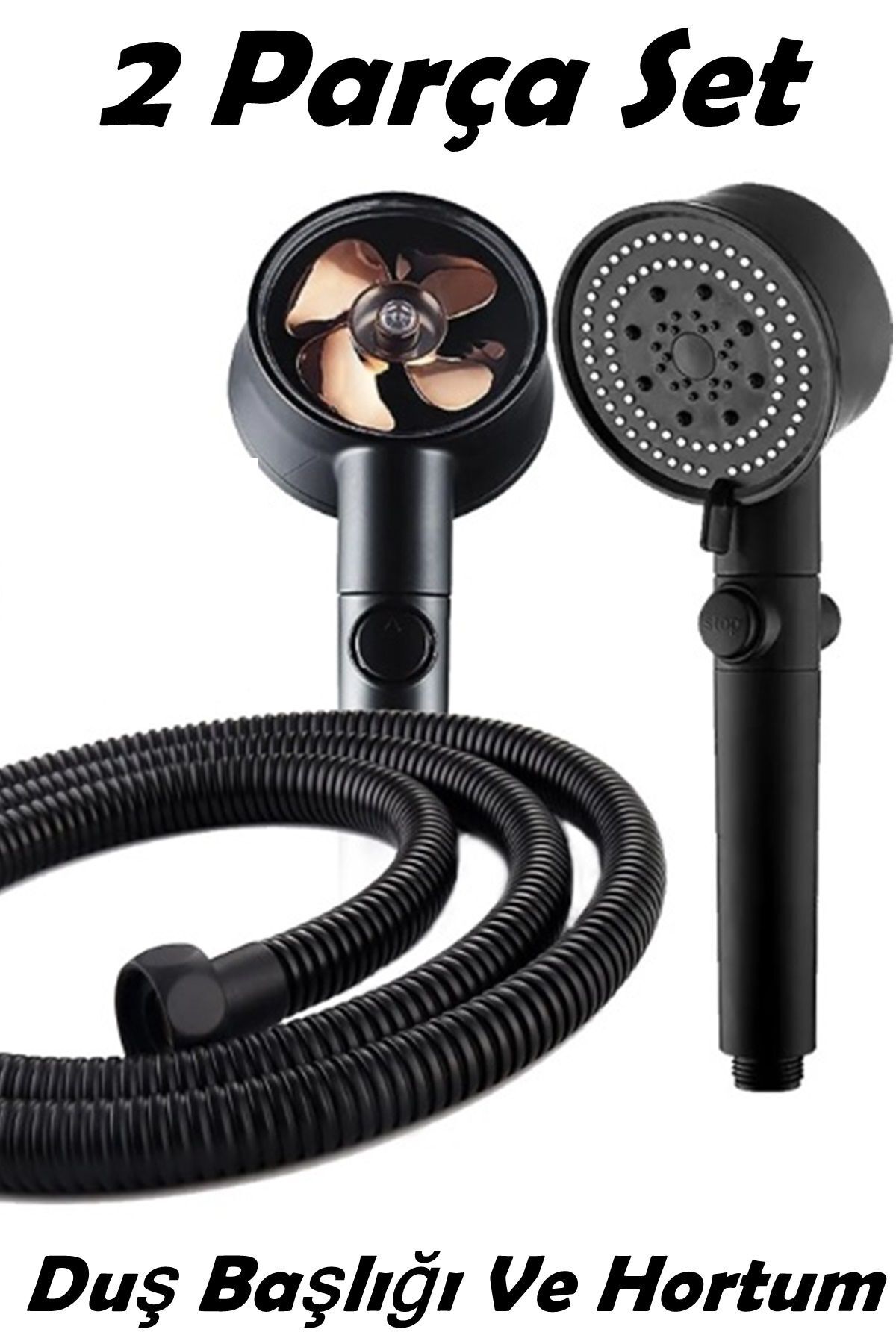 Turbo Pervaneli 5 Fonksiyonlu Duş Başlığı Ve Siyah Duş Hortumu 150 Cm Set