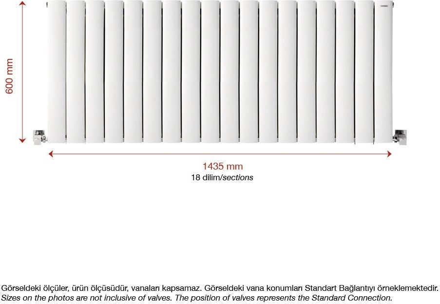 600 x 1435 mm Lilac Yatay Beyaz Alüminyum Radyatör Standart Bağlantı
