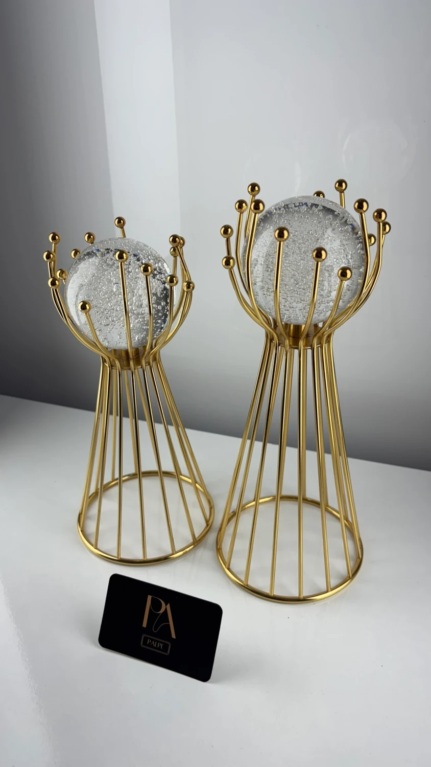 Gold Kabarcık Küre 2'li Metal Biblo Obje Ev Aksesuar Masa Konsol Orta Sehpa Dresuar Salon Ofis Dekor