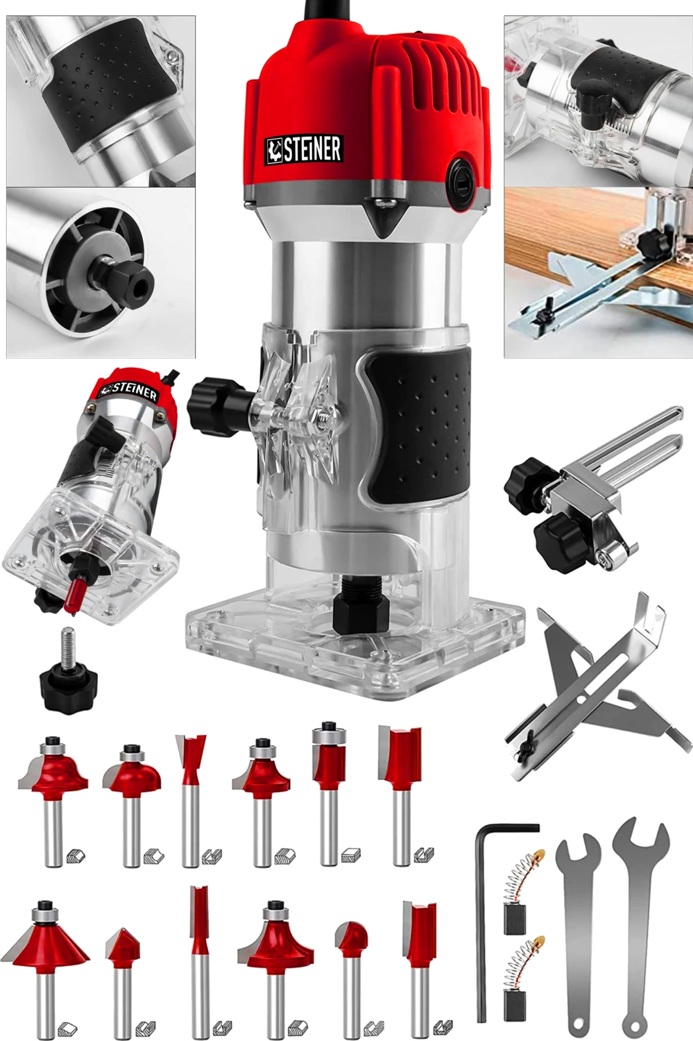 Alman 3000 Watt 6 Kademe Devir Ayarlı Formika Traşlama Freze Makinesi 6 mm Pens + 12 Adet Uç