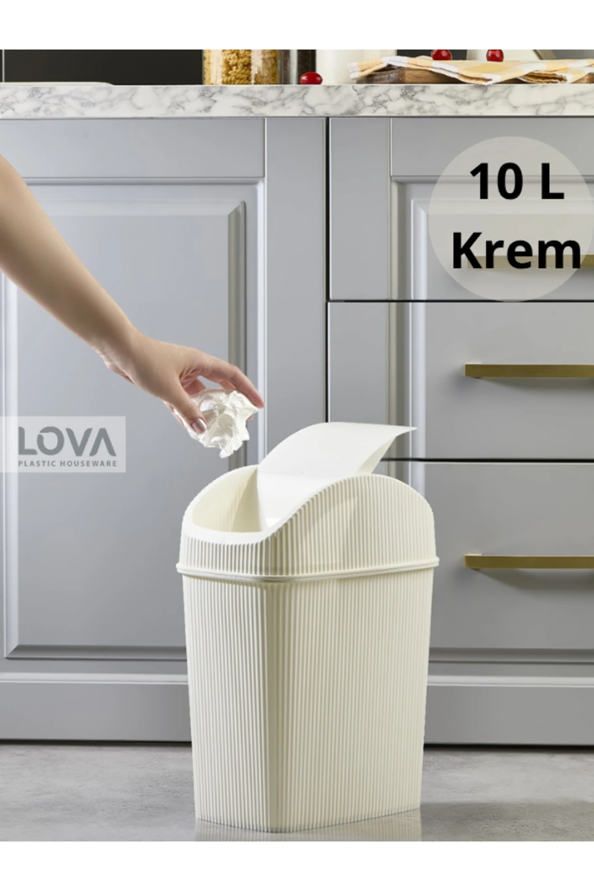 Kapaklı Çizgili 10 Lt Çöp Kovası (Krem)