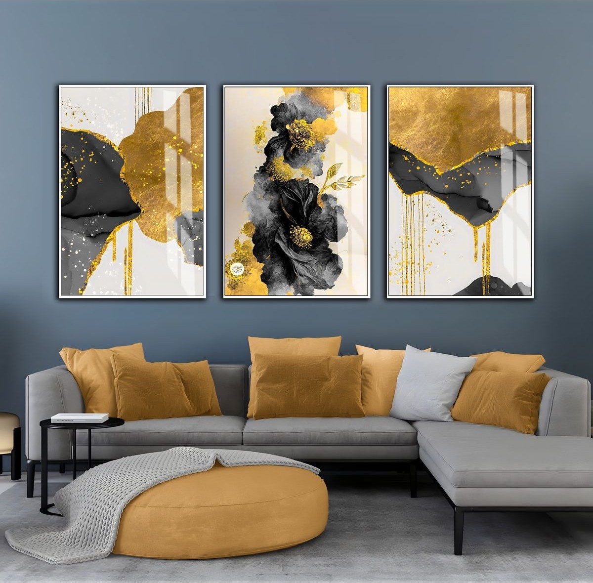 |gri-Gold-Siyah Soyut Çiçek Kombini |çerçeveli Cam Tablo 3lü Dikey