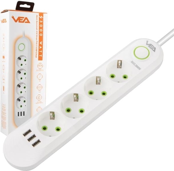 VA-21560 4'lü 3 Usb'li 1.5 Metre Akım Korumalı Priz Beyaz