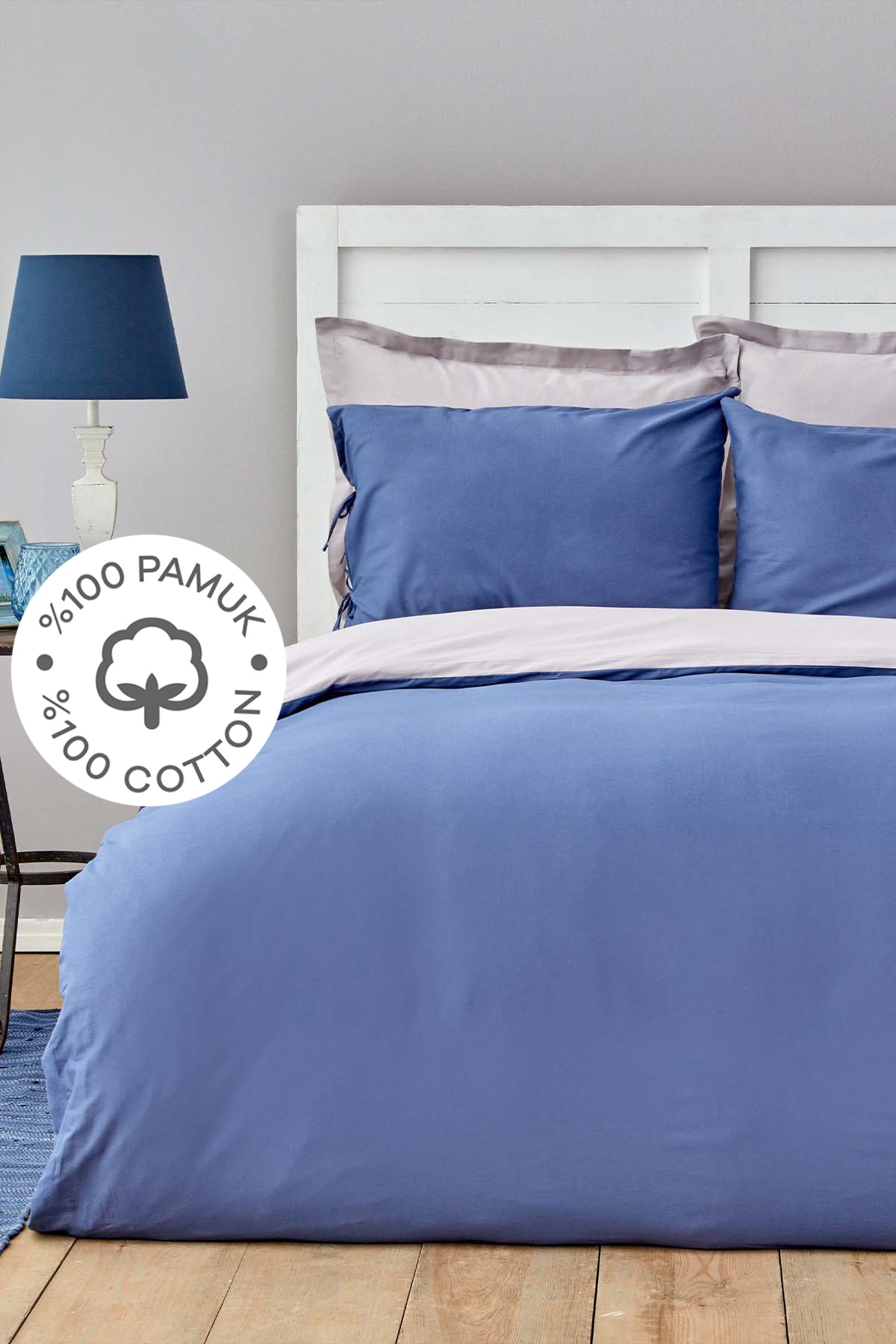 Basic Gri Indigo %100 Pamuk Çift Taraflı Çift Kişilik Nevresim Takımı
