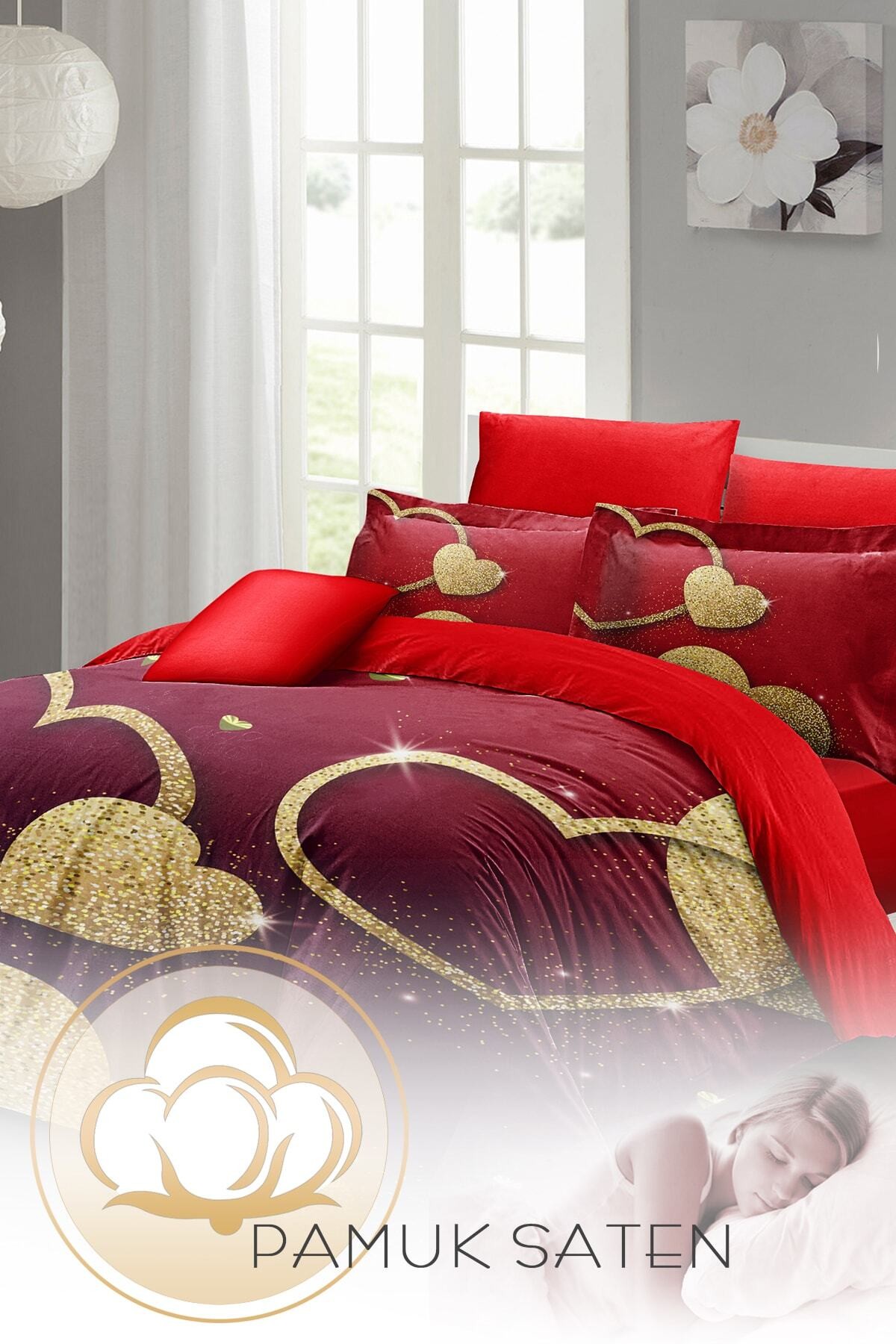 Kıng Sıze Sevgililer Günü Çift Kişilik Nevresim Takımı%100 Pamuk Saten Shine Love 220x240cm