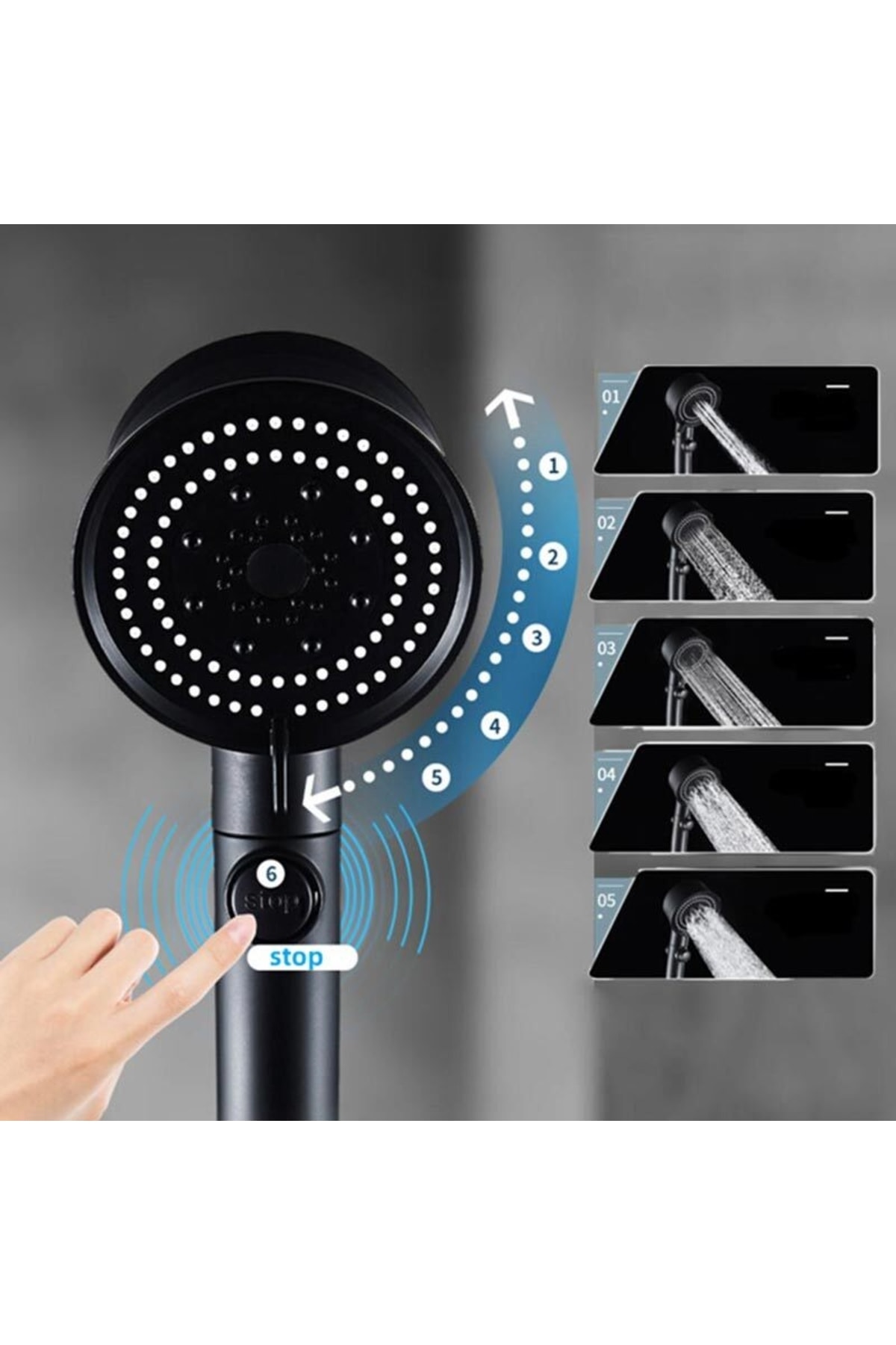 3'lü Set Siyah 5 Fonksiyonlu Turbo Jet Pervaneli Duş Başlığı Örgülü Hortum Ve Askı