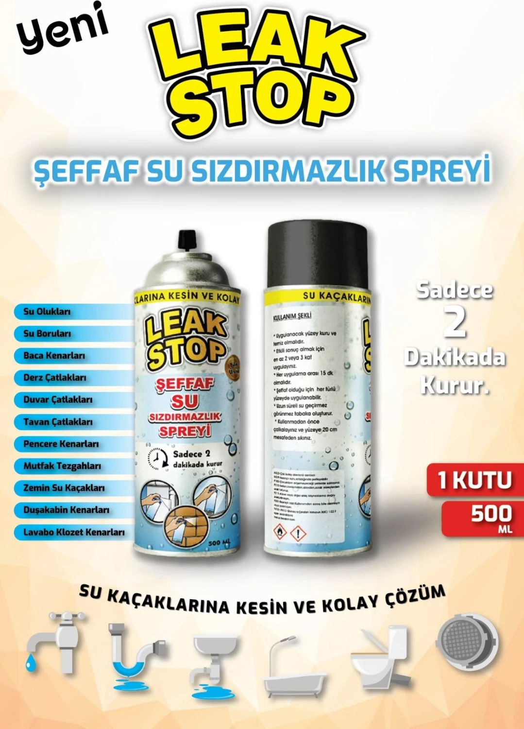 1 x 500 ml Şeffaf Su Sızdırmazlık Spreyi Su Izalasyon Mutfak Banyo Araba Tekne