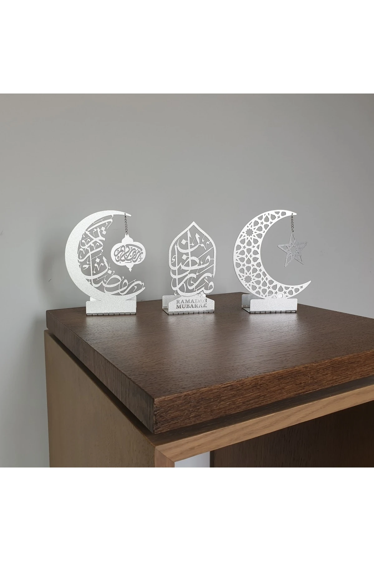 3'lü Metal Mübarek Ramazan Mumluk Seti - Gümüş - Hoşgeldin Ramazan Süsleri Ev Dekorasyon - Wamh099