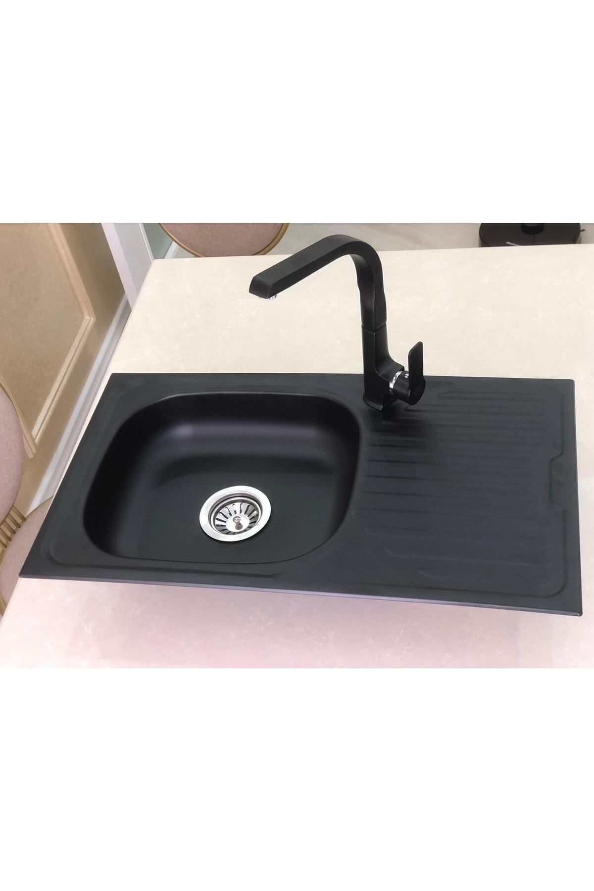 Siyah Grenli Granit Desen Kaplamalı Sağ Damlalıklı 43.5 X 86cm Ölçülerinde Paslanmaz Evye