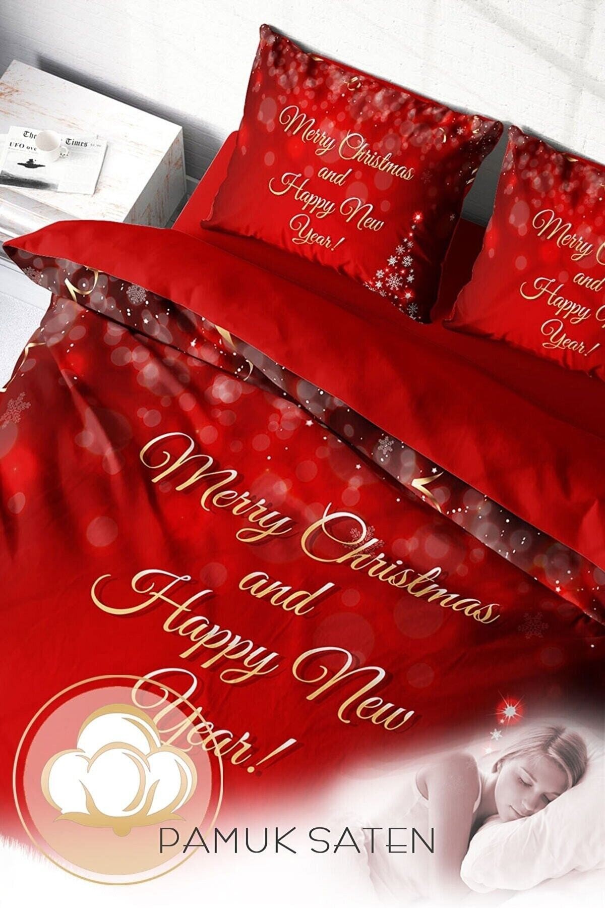 Kıng Sıze Yılbaşı Süsü Happy New Noel %100 Pamuk Saten 3d Çift Kişilik Nevresim Takımı 220x240cm