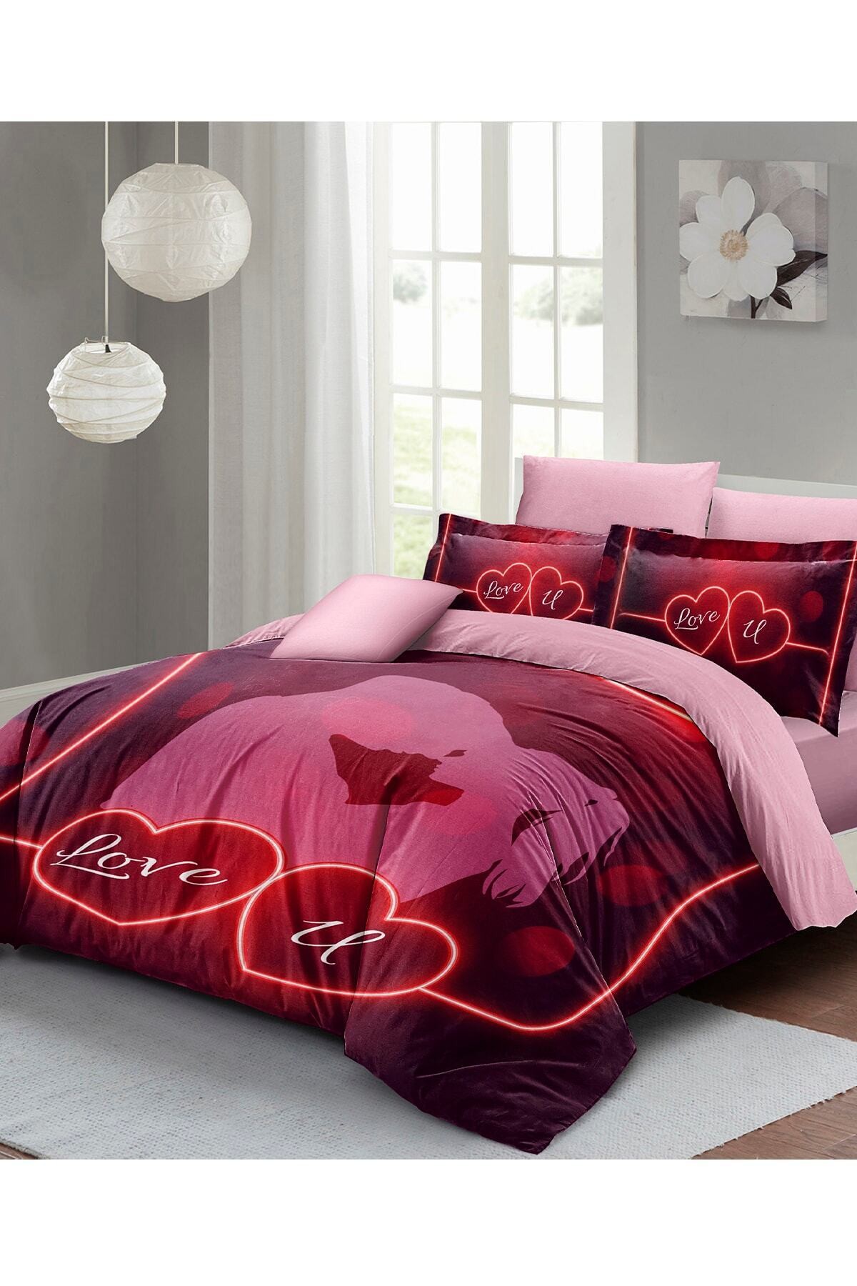 Kıng Sıze Sevgililer Günü Çift Kişilik Nevresim Takımı%100 Pamuk Saten Love U 220x240cm