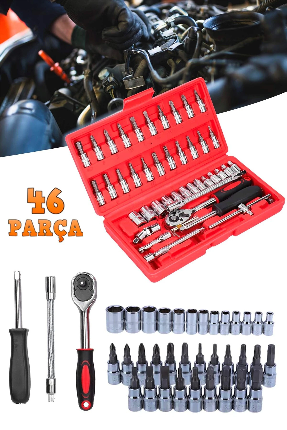 Profesyonel 46 Parça Tornavida Lokma Takımı Araç Onarımı Cırcırlı Lokma Seti Krom Vana