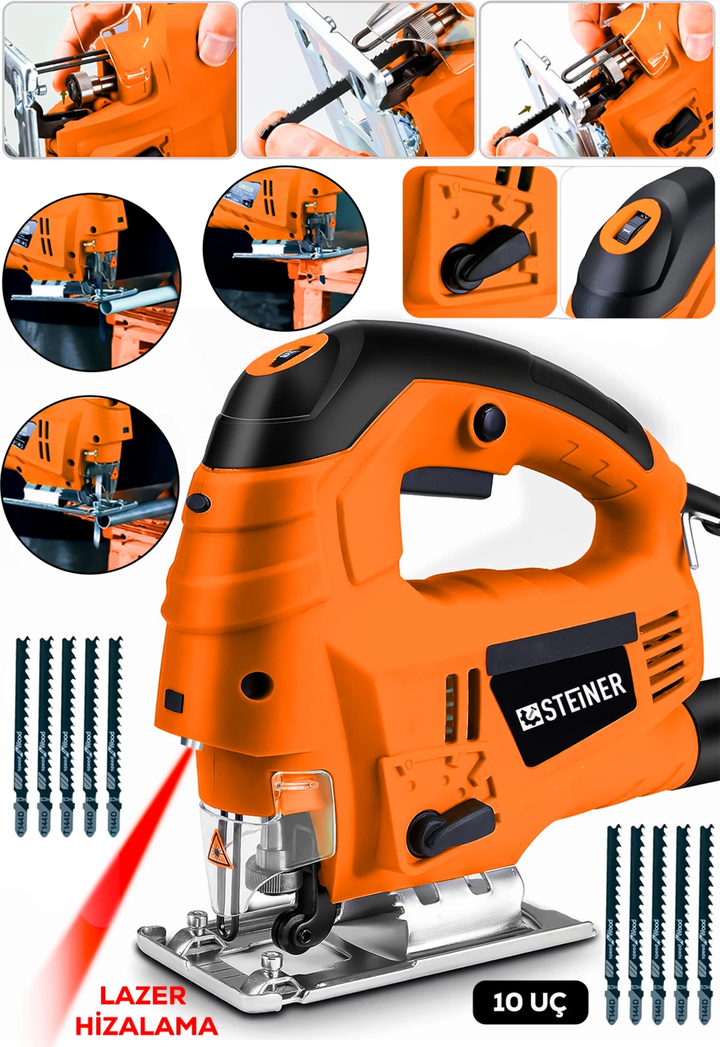 Alman 4600 W Lazerli Sjs Metal Şanzuman 6 Kademe Devirli Pandül Ayarlı Dekupaj Testere Makinesi Turuncu + 10UÇ