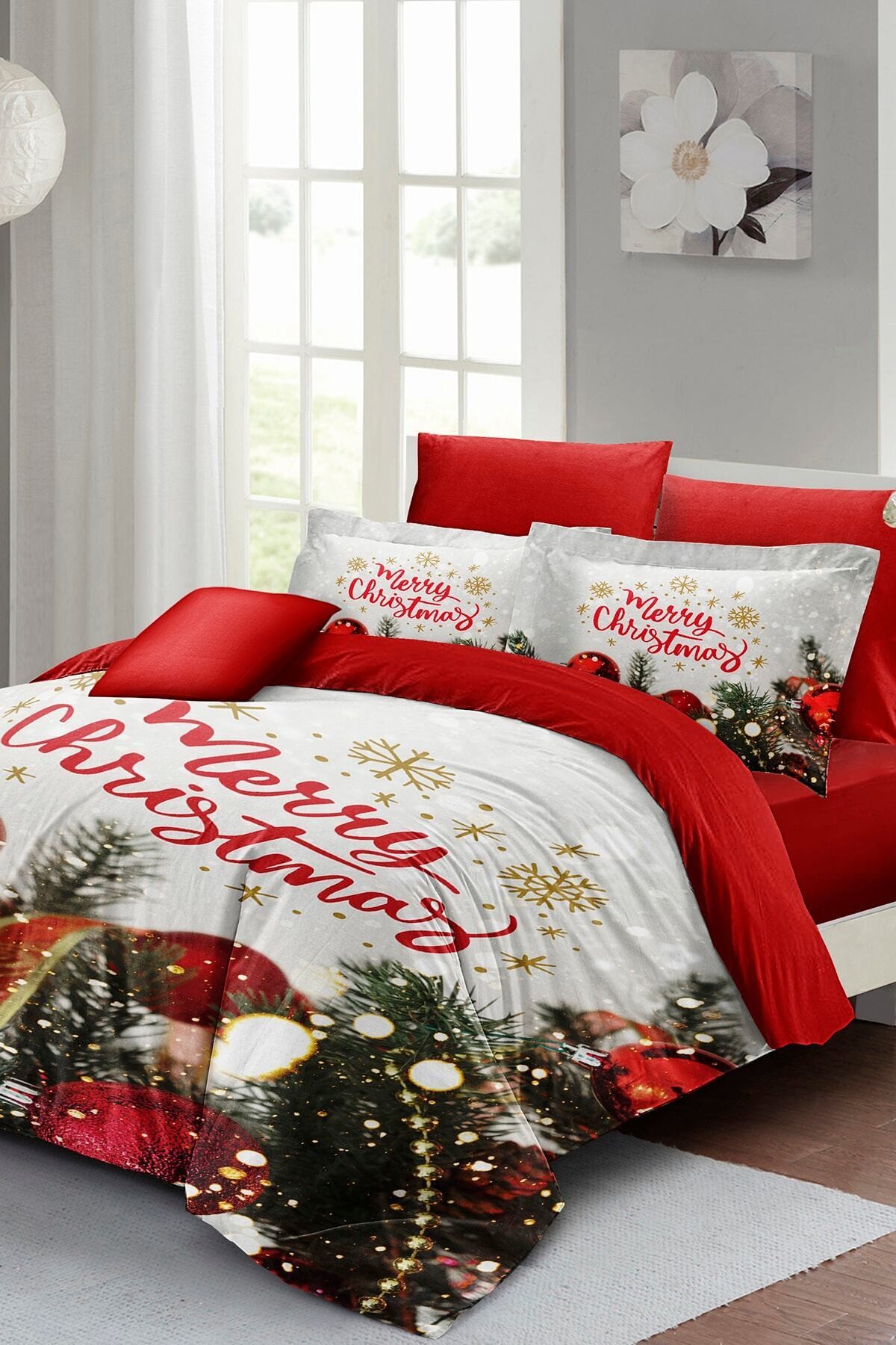 Kıng Sıze Yılbaşı Nevresim Takım %100 Doğal Pamuk Saten Noel Çift Kişilik Noel 220x240cm