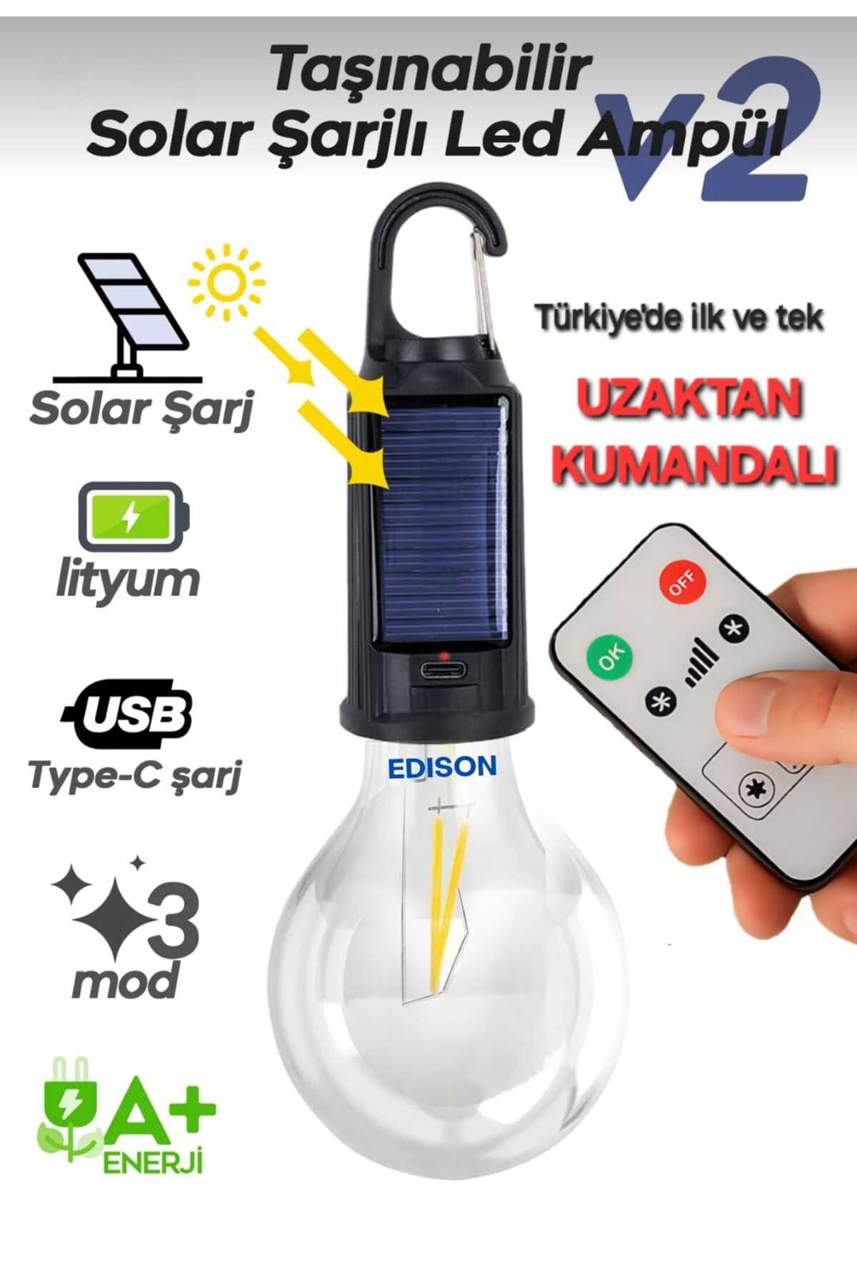Taşınabilir Solar USB Şarjlı Led Ampül Outdoor Kamp Bahçe Lambası Askılı Kırılmaz Led Işık Kumandalı