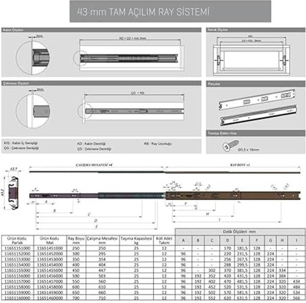 Galvanizli Teleskopik Çekmece Rayı 35X350