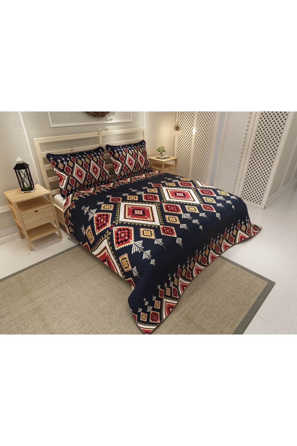 Pike Takımı Pamuklu Çift Kişilik Jakar Dokuma Yatak Örtüsü Ethnic Geometric