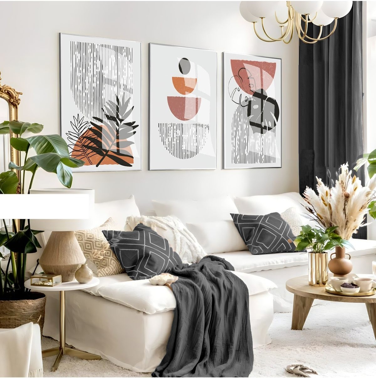|soft Renkler Minimalist Yapraklı Bohem Kombini|çerçeveli Cam Tablo 3lü Dikey