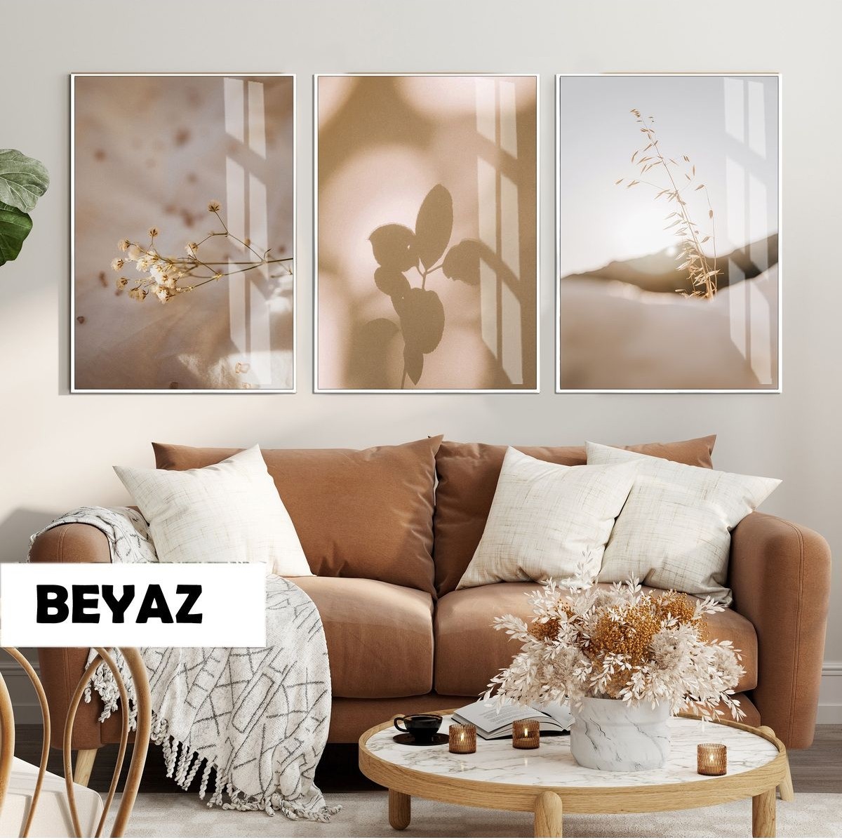 |soft Krem Kuru Bitki-Gölge Kombini|çerçeveli Cam Tablo 3lü Dikey