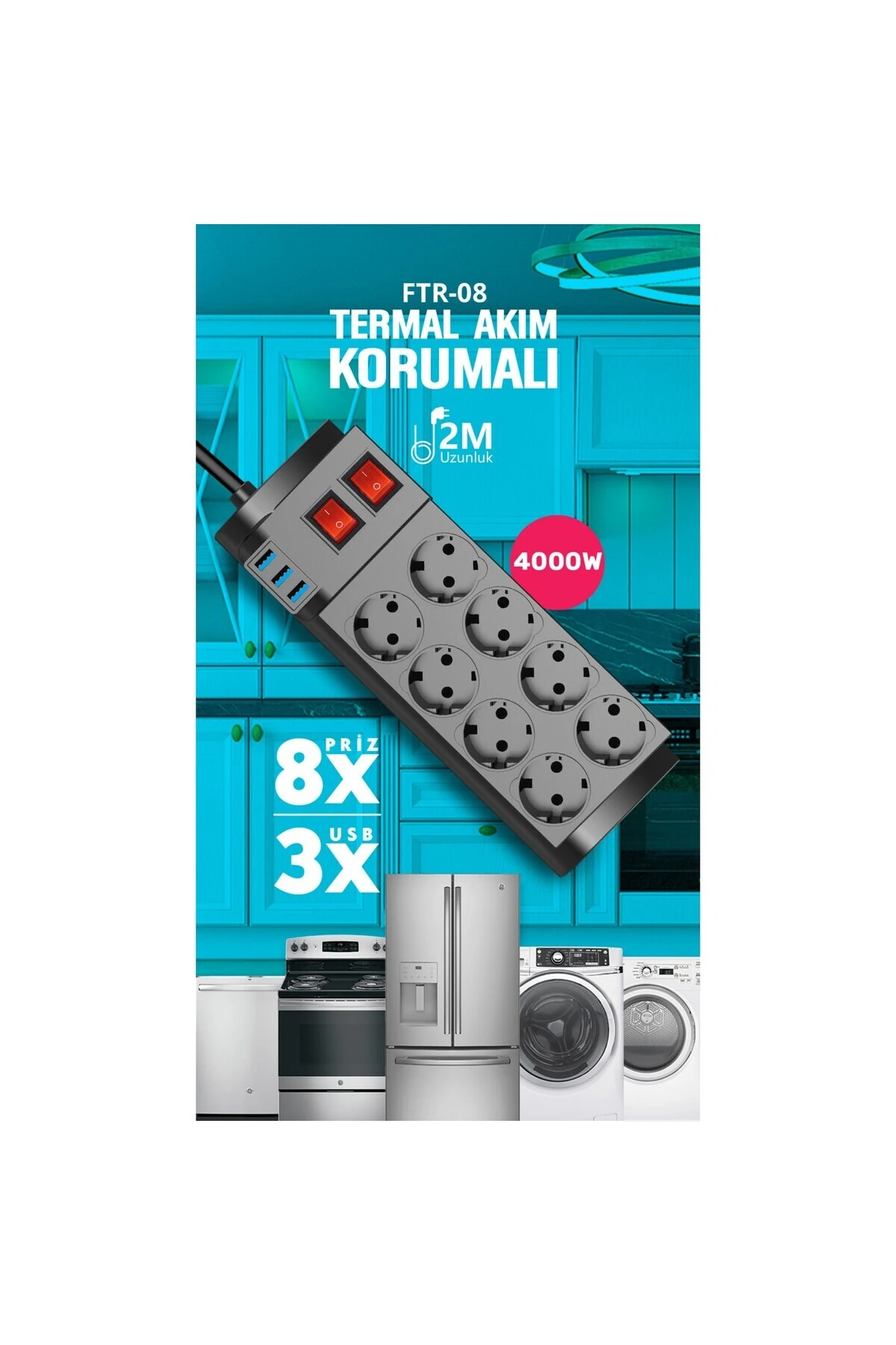 Fulltech Ftr-08 8’li Termal Akım Korumalı 3 Usb Li Priz (K246)