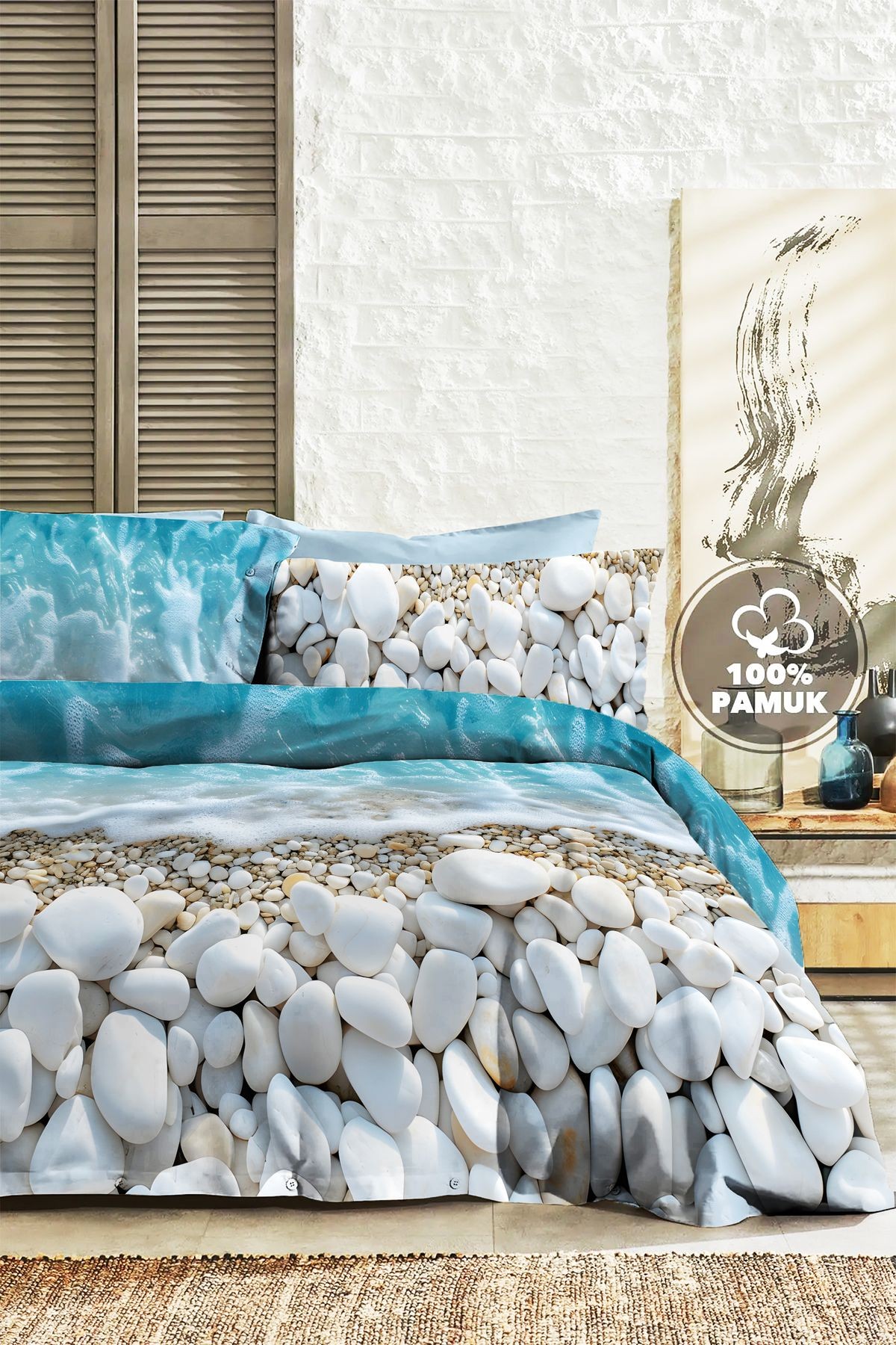%100 PAMUK Ranforce Çeyizlik Luxury 5D Dijital Çift Kişilik Nevresim Takımı Sahil